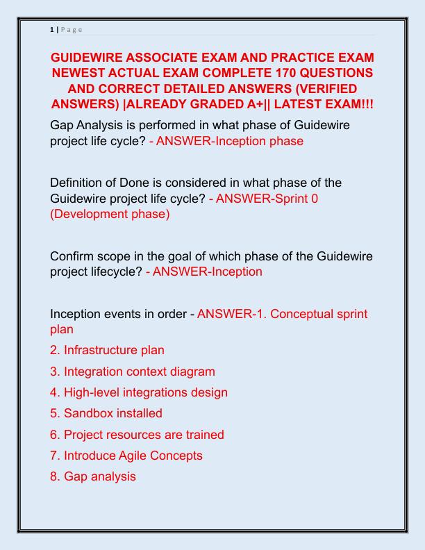 GUIDEWIRE ASSOCIATE EXAM AND PRACTICE EXAM NEWEST ACTUAL EXAM COMPLETE 170 QUESTIONS AND CORRECT DETAILED ANSWERS