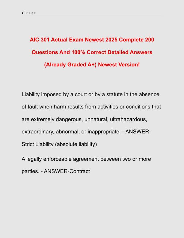 AIC 301 Actual Exam Newest 2025 Complete 200 Questions And Correct Detailed Answers