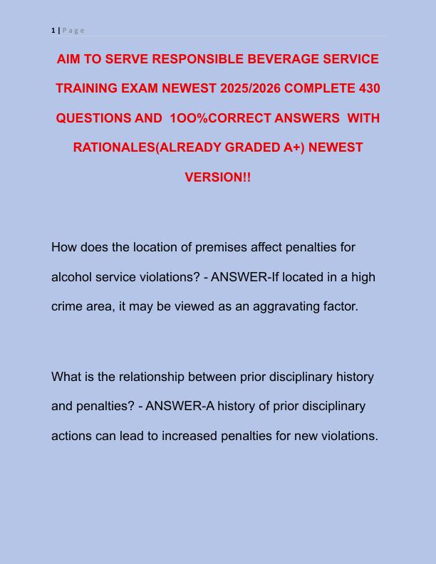 AIM TO SERVE RESPONSIBLE BEVERAGE SERVICE TRAINING EXAM NEWEST 2025