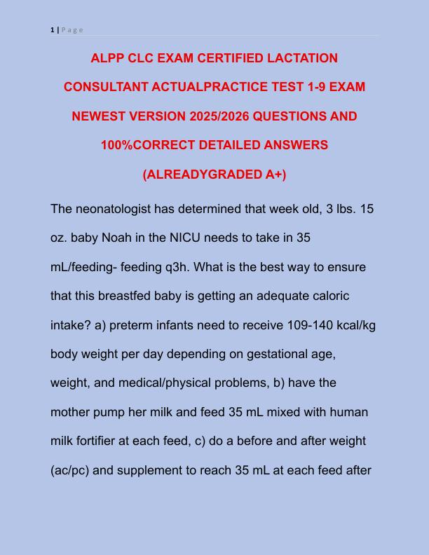 ALPP CLC EXAM CERTIFIED LACTATION CONSULTANT ACTUALPRACTICE TEST 1
