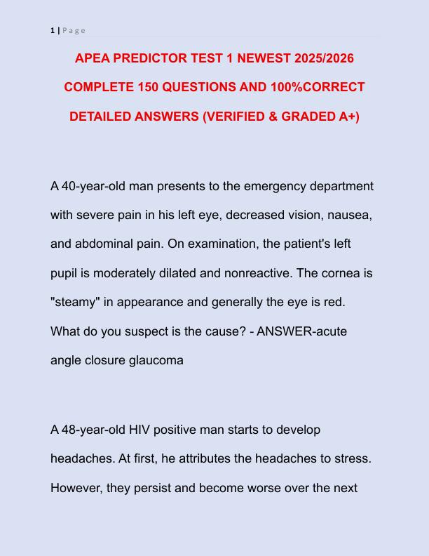 APEA PREDICTOR TEST 1 NEWEST 2025 COMPLETE 150 QUESTIONS AND CORRECT DETAILED ANSWERS