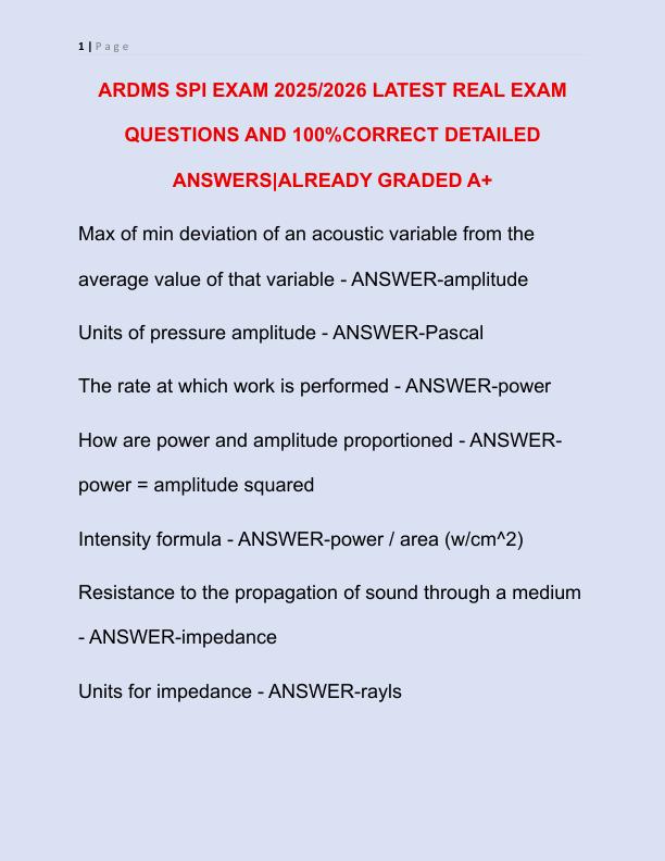 ARDMS SPI EXAM LATEST REAL EXAM 150 QUESTIONS AND CORRECT ANSWERS