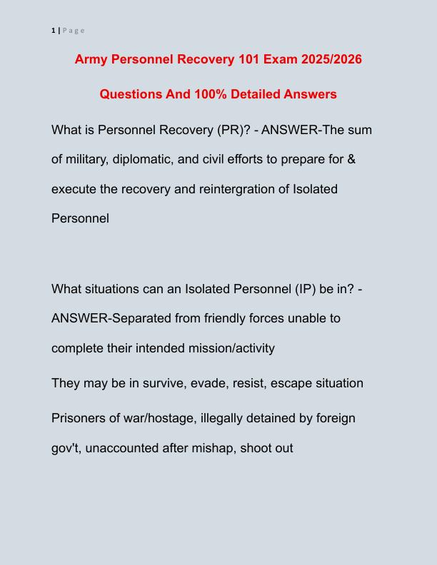 Army Personnel Recovery 101 Exam