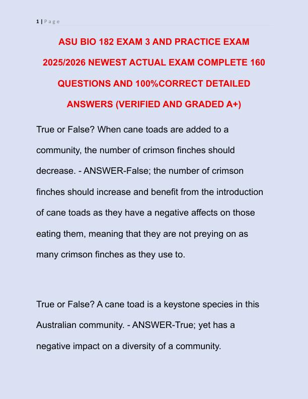 ASU BIO 182 EXAM 3 AND PRACTICE EXAM NEWEST ACTUAL EXAM COMPLETE 160 QUESTIONS AND CORRECT DETAILED ANSWERS