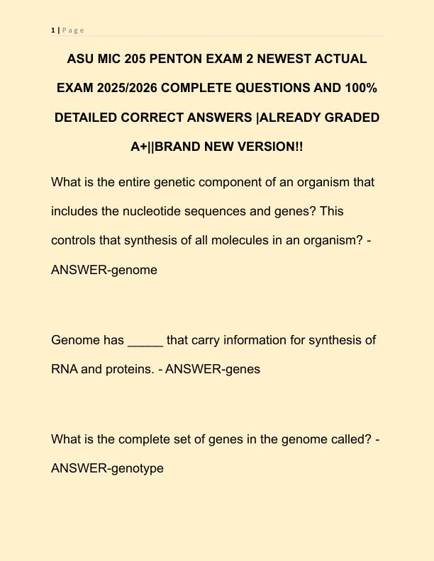 ASU MIC 205 PENTON EXAM 2 NEWEST ACTUAL EXAM COMPLETE 200 QUESTIONS AND CORRECT ANSWERS