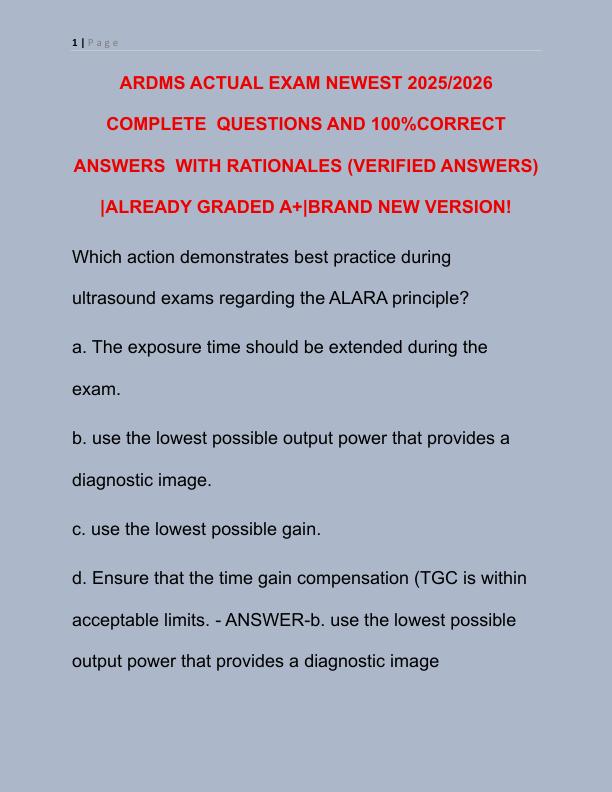 ARDMS ACTUAL EXAM NEWEST 2024 COMPLETE 100 QUESTIONS AND CORRECT DETAILED ANSWERS