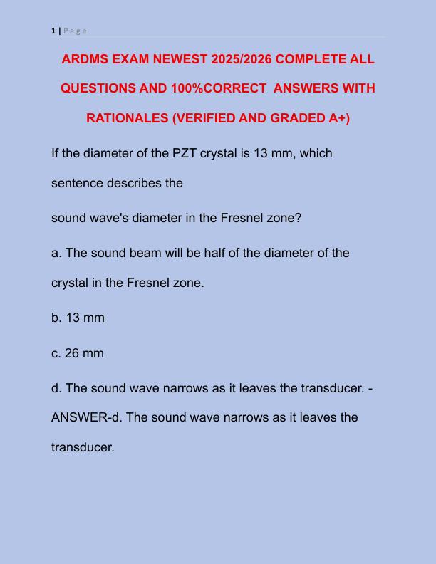 ARDMS EXAM NEWEST 2025 COMPLETE ALL QUESTIONS AND CORRECT DETAILED ANSWERS WITH RATIONALES