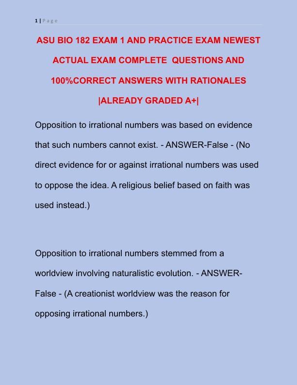 ASU BIO 182 EXAM 1 AND PRACTICE EXAM NEWEST ACTUAL EXAM COMPLETE 200 QUESTIONS AND CORRECT DETAILED ANSWERS
