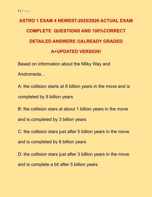ASTRO 1 EXAM 4 NEWEST 2025 ACTUAL EXAM COMPLETE 100 QUESTIONS AND CORRECT DETAILED ANSWERS