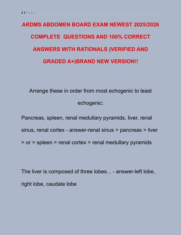 ARDMS ABDOMEN BOARD EXAM NEWEST 2024 COMPLETE 200 QUESTIONS AND CORRECT DETAILED ANSWERS
