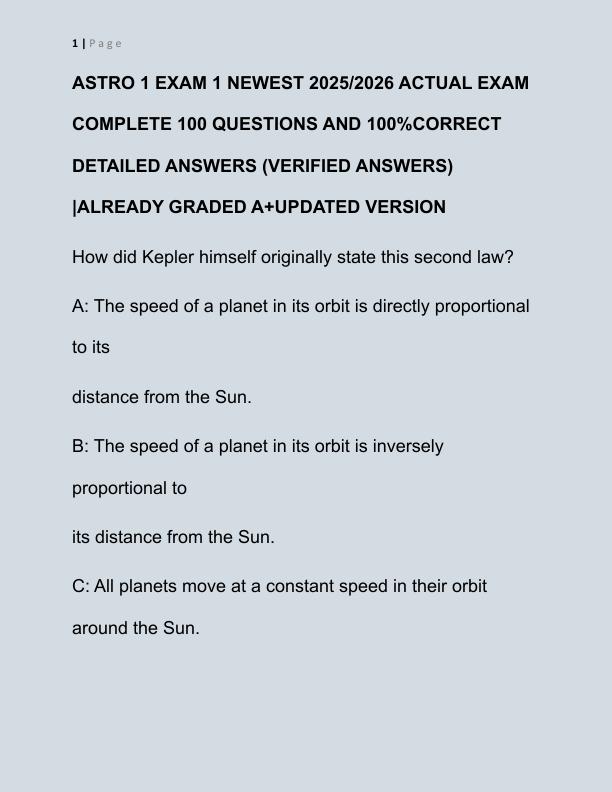 ASTRO 1 EXAM 1 NEWEST 2025 ACTUAL EXAM COMPLETE 100 QUESTIONS AND CORRECT DETAILED ANSWERS