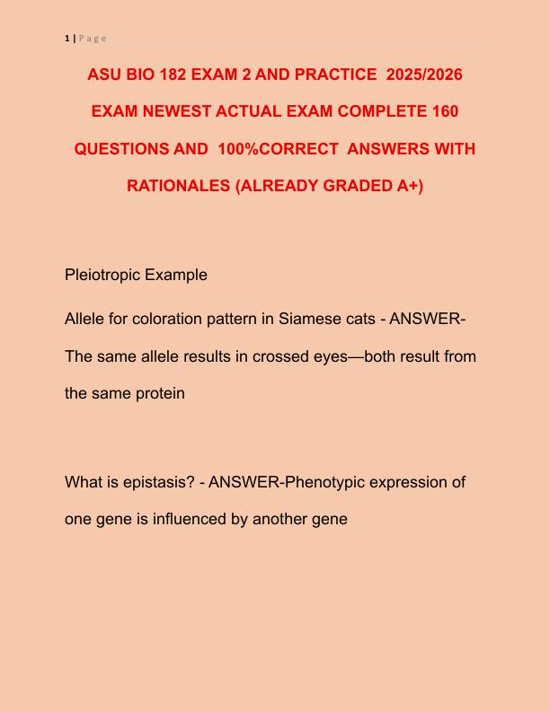 ASU BIO 182 EXAM 2 AND PRACTICE EXAM NEWEST ACTUAL EXAM COMPLETE 160 QUESTIONS AND CORRECT DETAILED ANSWERS