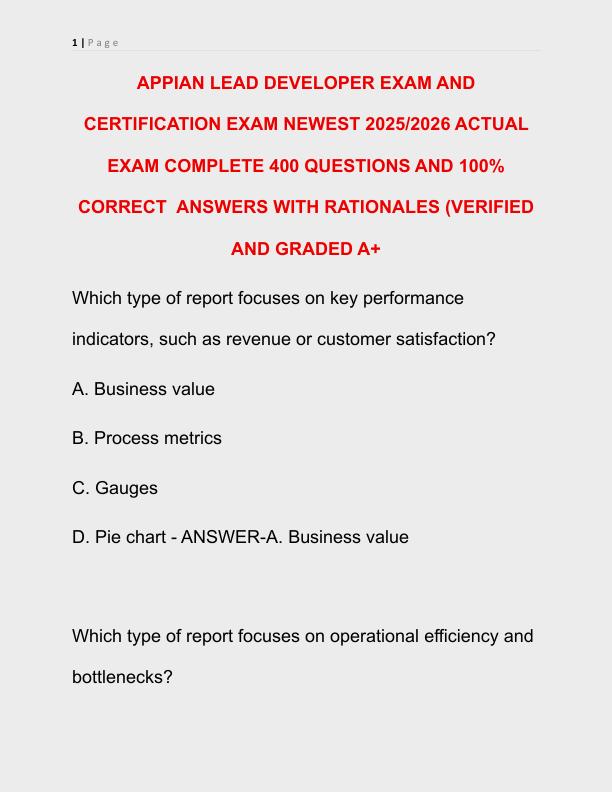APPIAN LEAD DEVELOPER EXAM AND CERTIFICATION EXAM NEWEST 2024 ACTUAL EXAM COMPLETE 400 QUESTIONS AND CORRECT DETAILED ANSWERS WITH RATIONALES