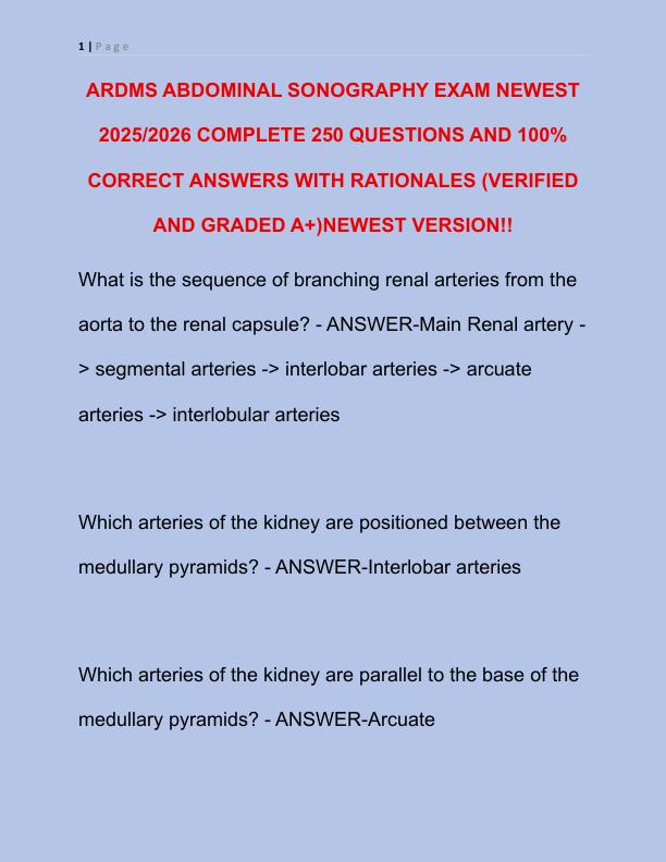 ARDMS ABDOMINAL SONOGRAPHY EXAM NEWEST 2024 COMPLETE 250 QUESTIONS AND CORRECT DETAILED ANSWERS