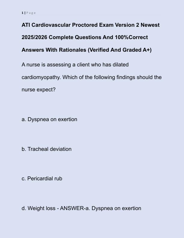 ATI Cardiovascular Proctored Exam Version 2 Newest 2025 Complete Questions And Correct Detailed Answers