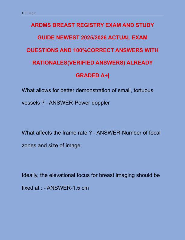 ARDMS BREAST REGISTRY EXAM AND STUDY GUIDE NEWEST 2024 ACTUAL EXAM 450 QUESTIONS AND CORRECT DETAILED ANSWERS