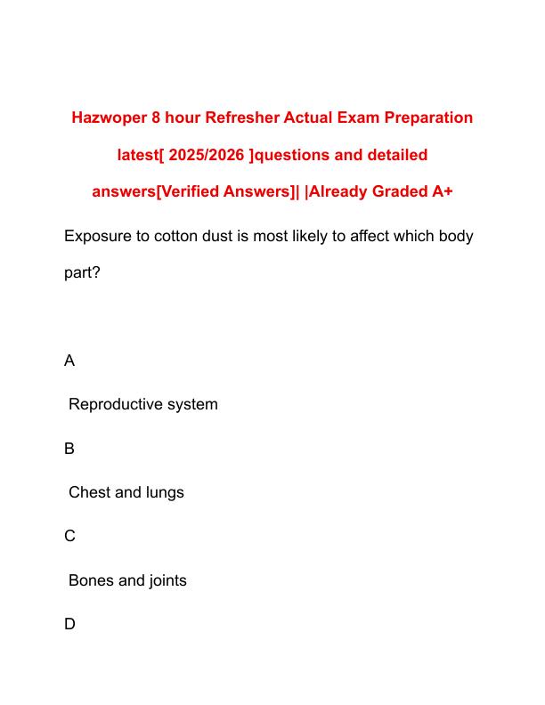Hazwoper 8 hour Refresher Actual Exam Preparation latest