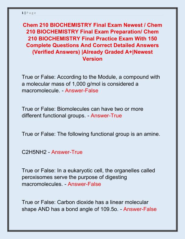 Chem 210 BIOCHEMISTRY Final Exam Newest