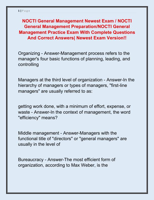 NOCTI General Management Newest Exam
