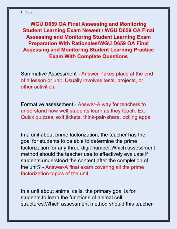 WGU D659 OA Final Assessing and Monitoring Student Learning Exam Newest