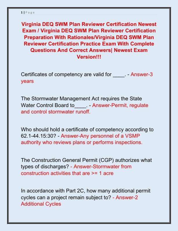Virginia DEQ SWM Plan Reviewer Certification Newest Exam