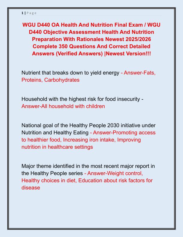 WGU D440 OA Health And Nutrition Final Exam