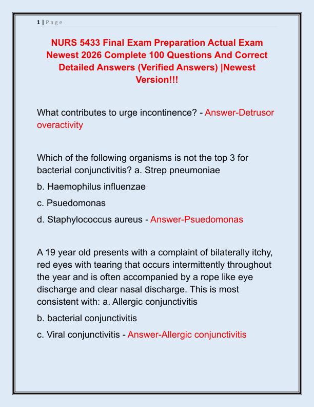 NURS 5433 Final Exam Preparation Actual Exam Newest 2026 Complete 100 Questions And Correct Detailed Answers