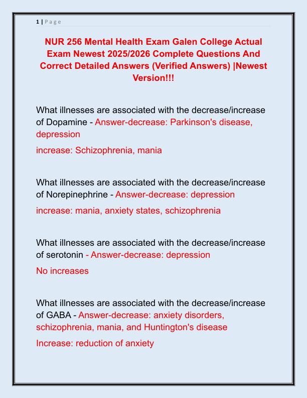 NUR 256 Mental Health Exam Galen College Actual Exam Newest 2025