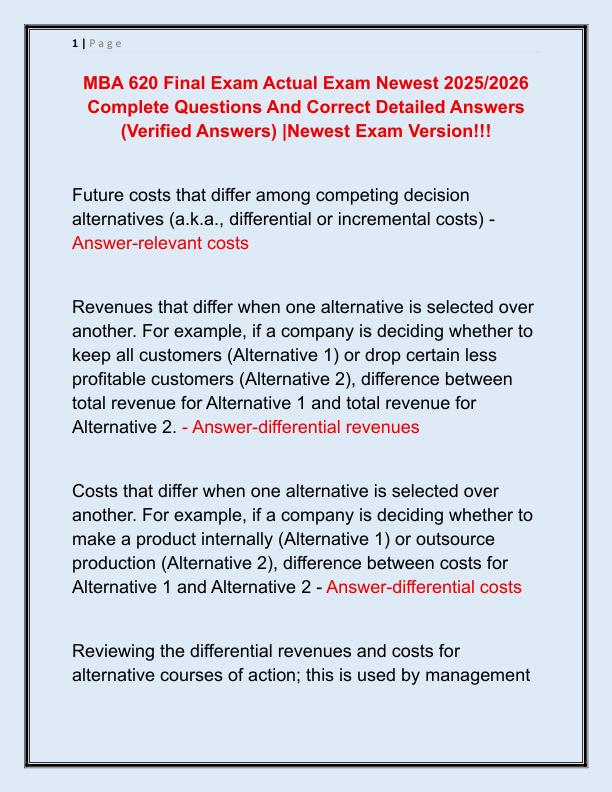 MBA 620 Final Exam Actual Exam Newest 2025