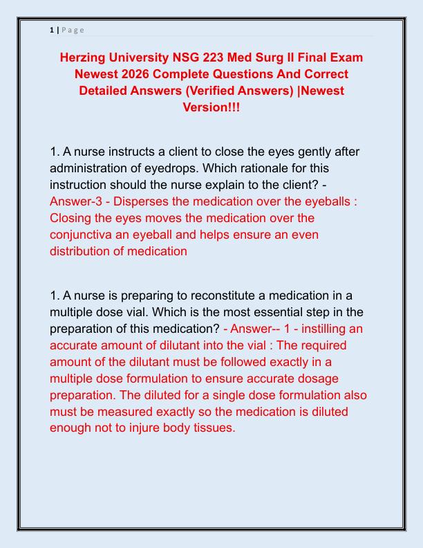 Herzing University NSG 223 Med Surg II Final Exam Newest 2026 Complete Questions And Correct Detailed Answers