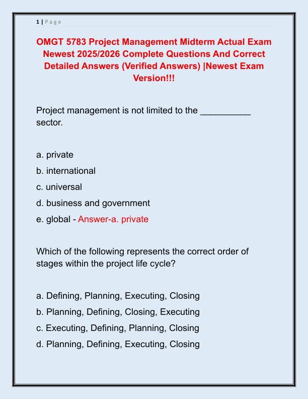 OMGT 5783 Project Management Midterm Actual Exam Newest 2025