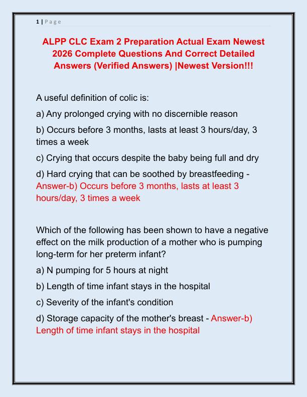 ALPP CLC Exam 2 Preparation Actual Exam Newest 2026 Complete Questions And Correct Detailed Answers