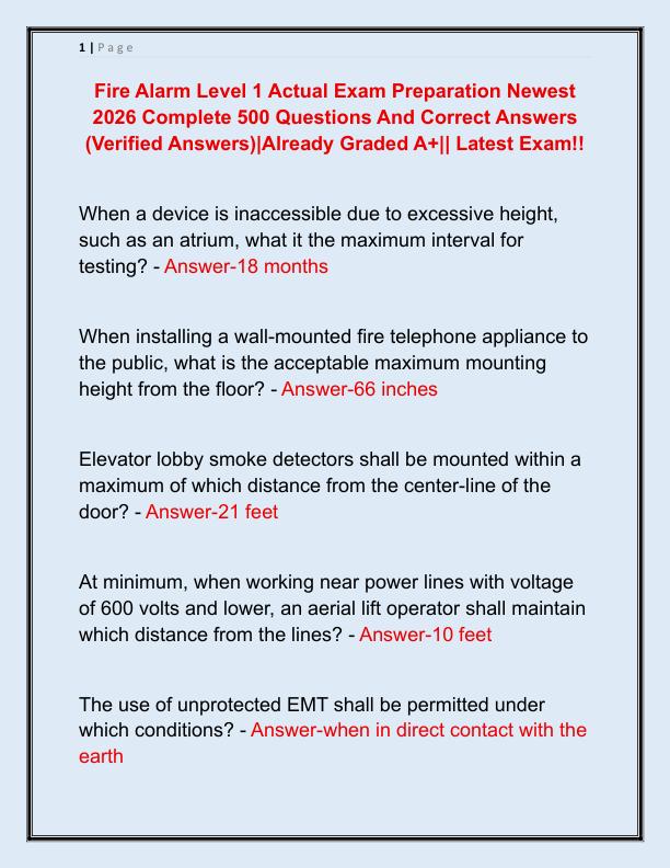 Fire Alarm Level 1 Actual Exam Preparation Newest 2026 Complete 500 Questions And Correct Answers