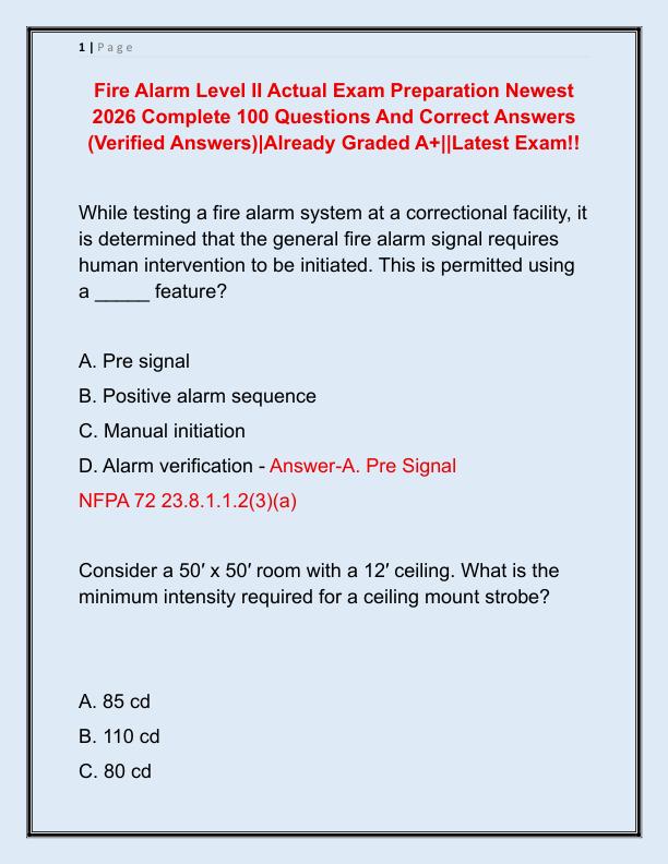 Fire Alarm Level II Actual Exam Preparation Newest 2026 Complete 100 Questions And Correct Answers