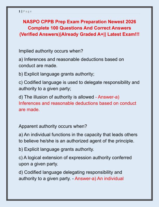 NASPO CPPB Prep Exam Preparation Newest 2026 Complete 100 Questions And Correct Answers