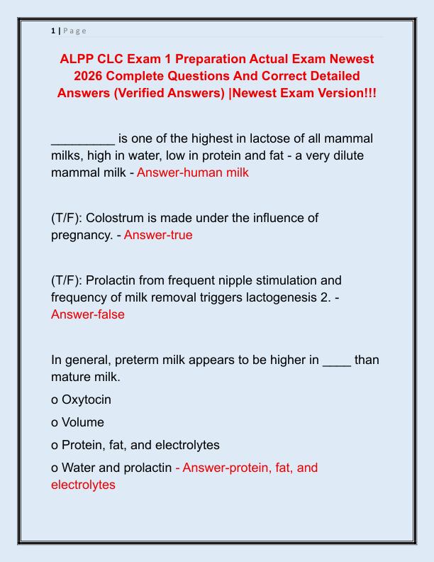 ALPP CLC Exam 1 Preparation Actual Exam Newest 2026 Complete Questions And Correct Detailed Answers