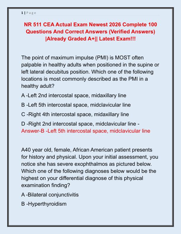 NR 511 CEA Actual Exam Newest 2026 Complete 100 Questions And Correct Answers