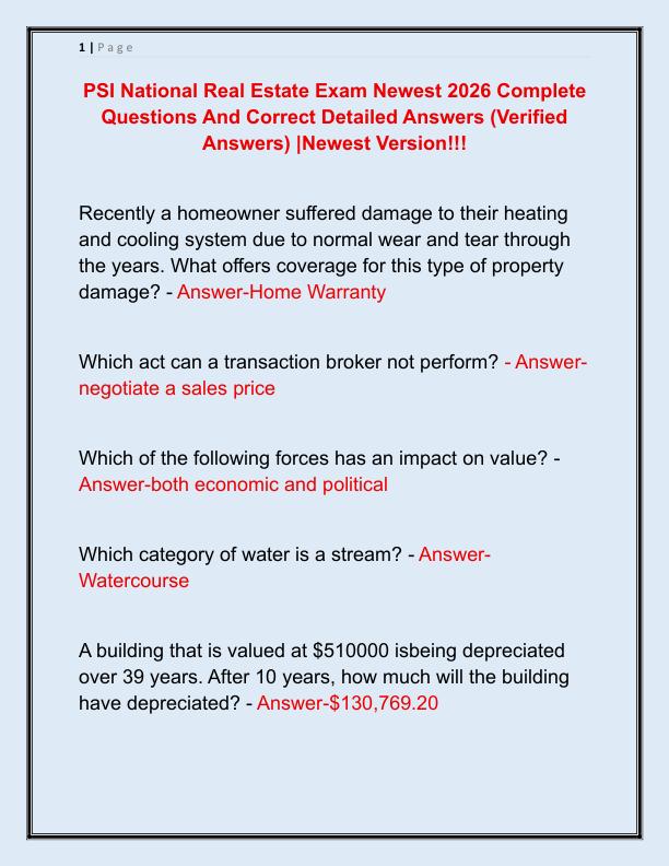 PSI National Real Estate Exam Newest 2026 Complete Questions And Correct Detailed Answers