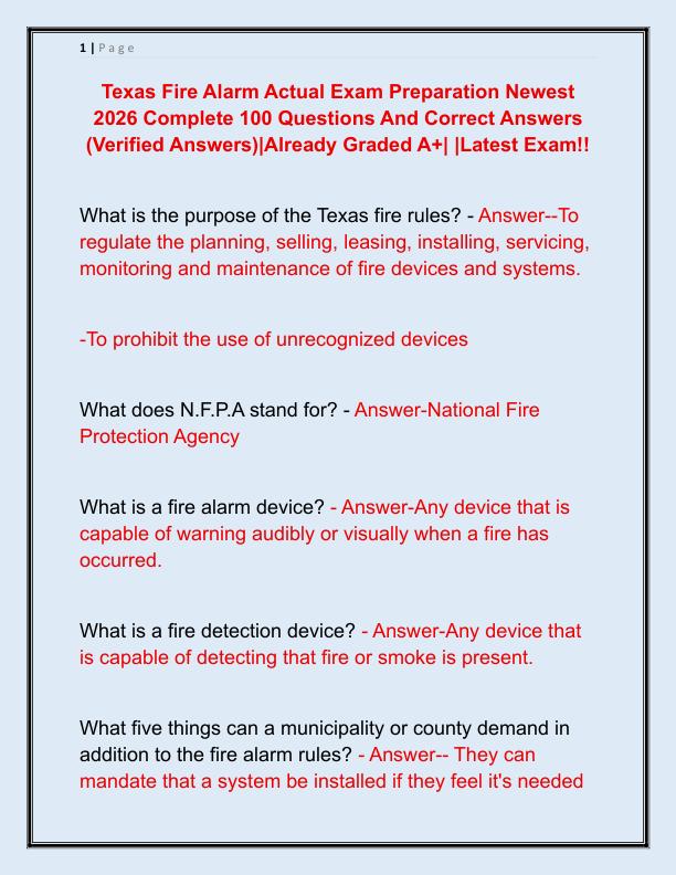 Texas Fire Alarm Actual Exam Preparation Newest 2026 Complete 100 Questions And Correct Answers