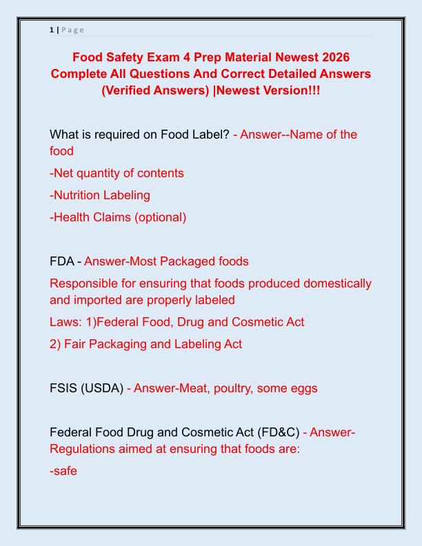 Food Safety Exam 4 Prep Material Newest 2026 Complete All Questions And Correct Detailed Answers