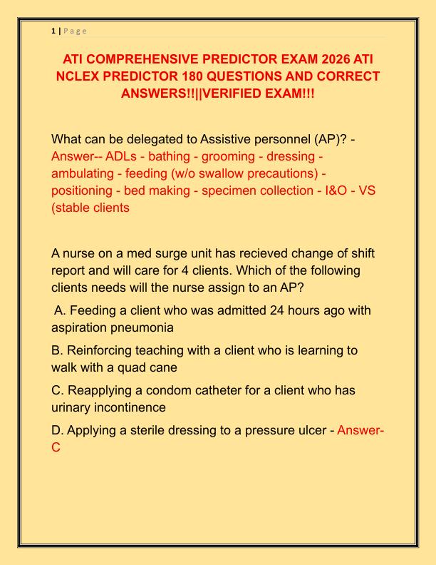 ATI COMPREHENSIVE PREDICTOR EXAM 2026 ATI NCLEX PREDICTOR 180 QUESTIONS AND CORRECT ANSWERS