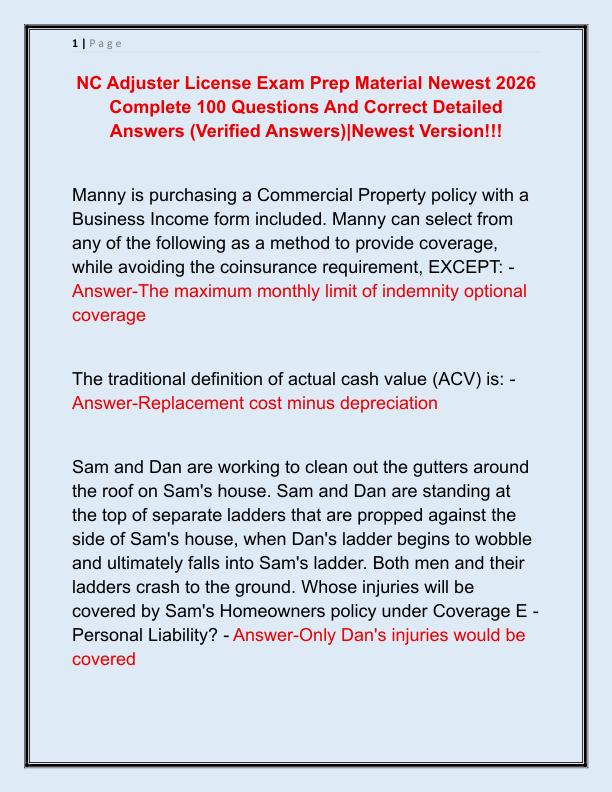 NC Adjuster License Exam Prep Material Newest 2026 Complete 100 Questions And Correct Detailed Answers