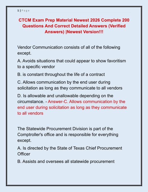 CTCM Exam Prep Material Newest 2026 Complete 200 Questions And Correct Detailed Answers