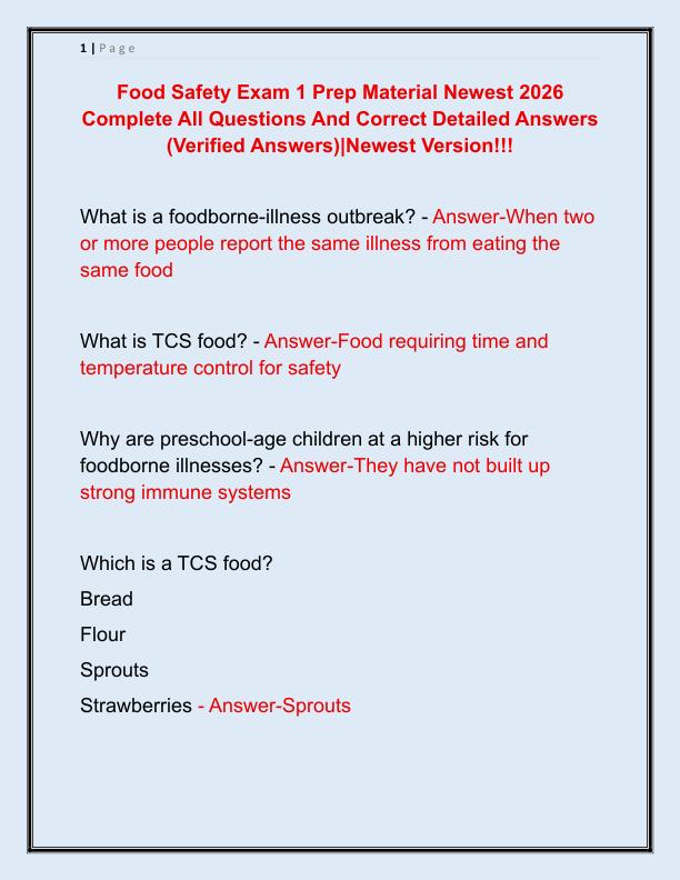 Food Safety Exam 1 Prep Material Newest 2026 Complete All Questions And Correct Detailed Answers