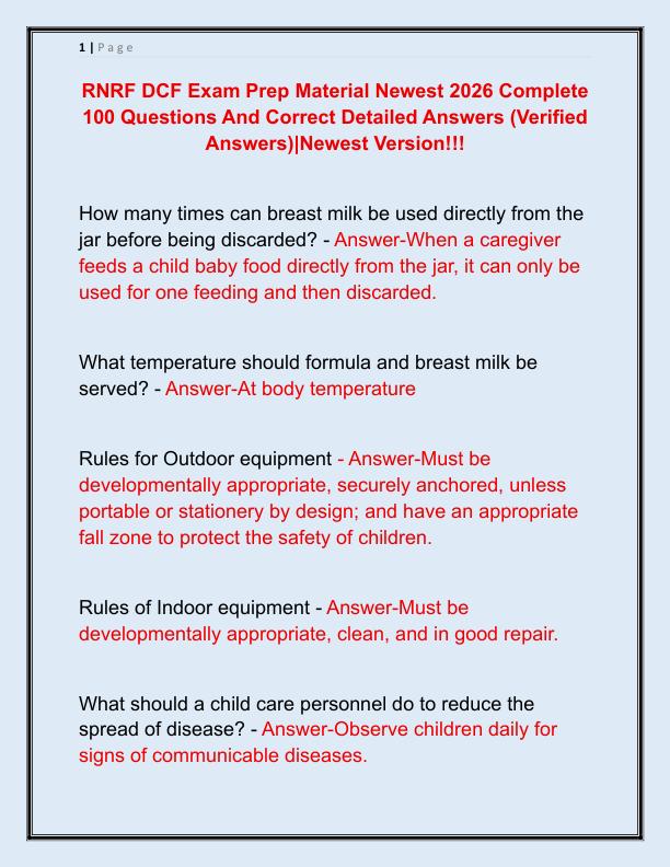 RNRF DCF Exam Prep Material Newest 2026 Complete 100 Questions And Correct Detailed Answers