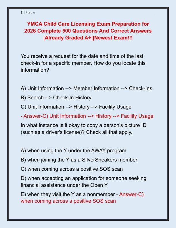 YMCA Child Care Licensing Exam Preparation for 2026 Complete 500 Questions And Correct Answers