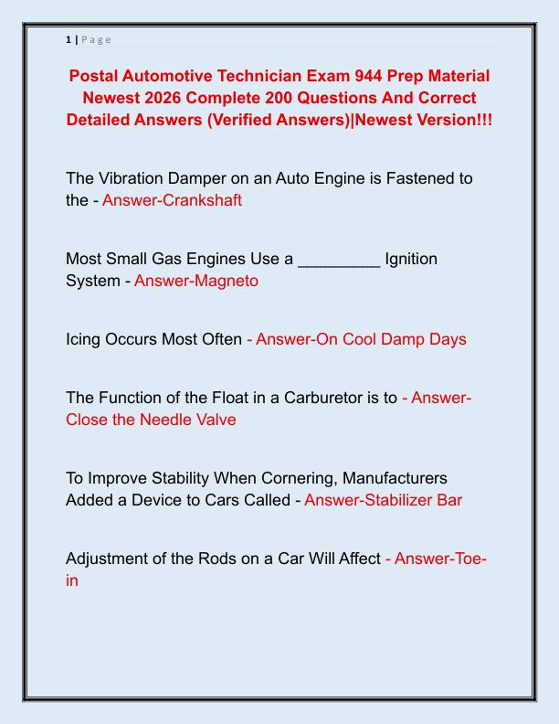 Postal Automotive Technician Exam 944 Prep Material Newest 2026 Complete 200 Questions And Correct Detailed Answers