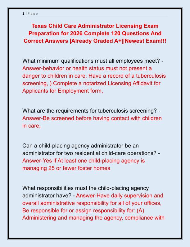 Texas Child Care Administrator Licensing Exam Preparation for 2026 Complete 120 Questions And Correct Answers