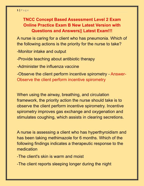 TNCC Concept Based Assessment Level 2 Exam Online Practice Exam B New Latest Version with Questions and Answers