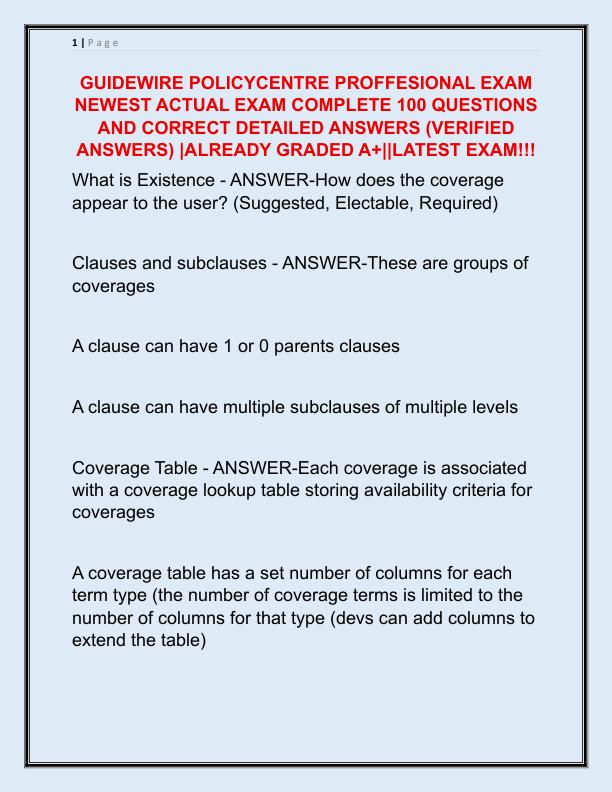 GUIDEWIRE POLICYCENTRE PROFFESIONAL EXAM NEWEST ACTUAL EXAM COMPLETE 100 QUESTIONS AND CORRECT DETAILED ANSWERS